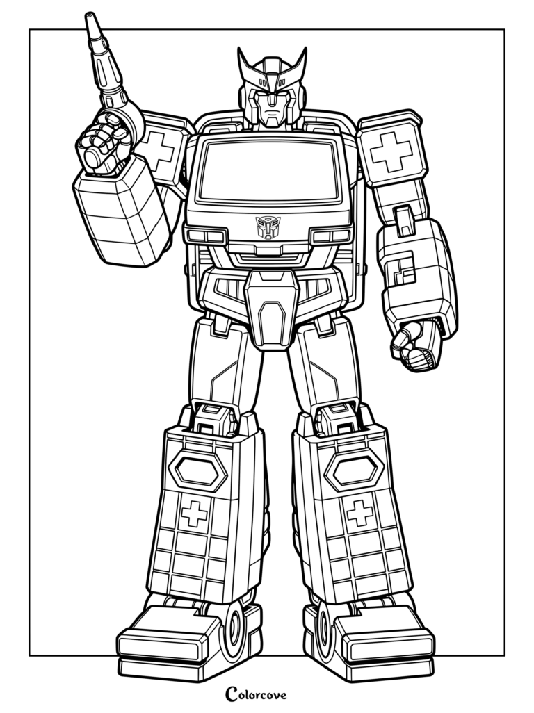Page de coloriage de Ratchet, le médecin-chef des Autobots de la série Transformers Génération 1, tenant un blaster