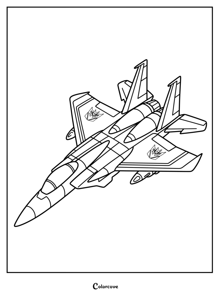 Page de coloriage du Decepticon Starscream de Transformers dans son mode véhicule classique Génération 1