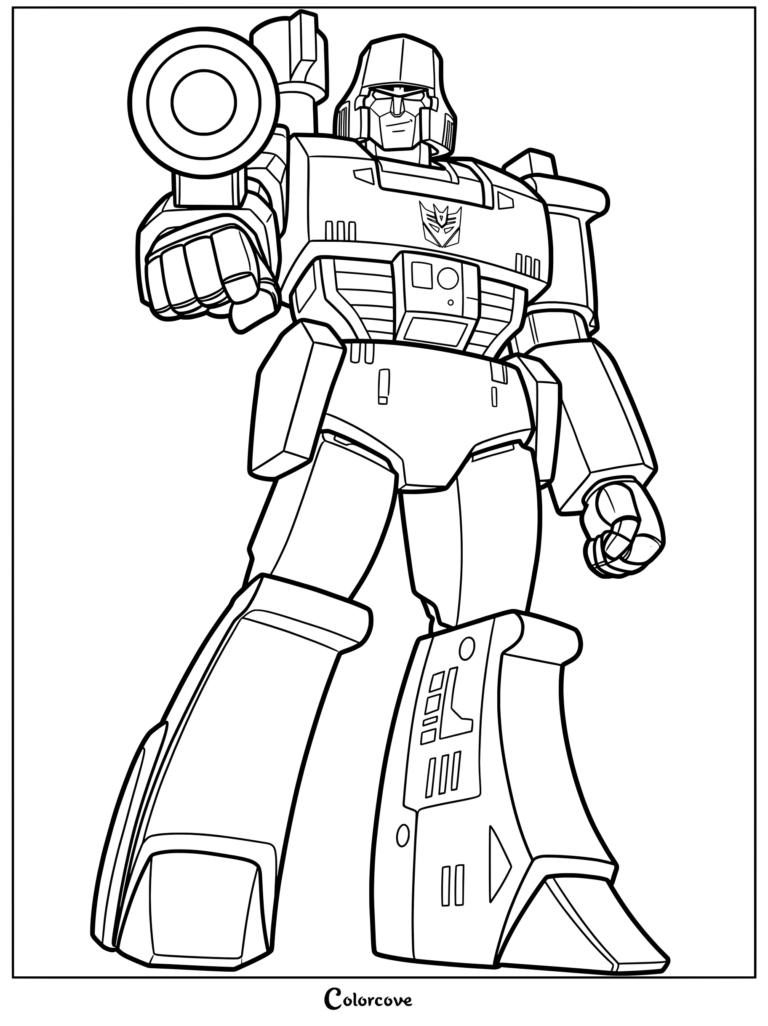 Version Génération 1 (G1) du chef des Decepticons Megatron tenant son canon à fusion dans ce coloriage à imprimer