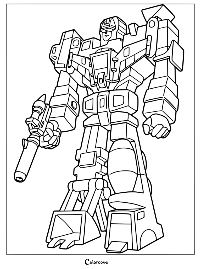 Coloriage de Devastator G1 mettant en scène le robot combiné géant tenant un grand blaster