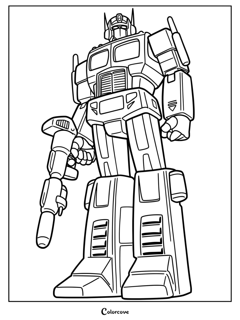 Page de coloriage d'Optimus Prime Génération 1 illustrant le chef des Autobots des bandes dessinées Marvel tenant son blaster.