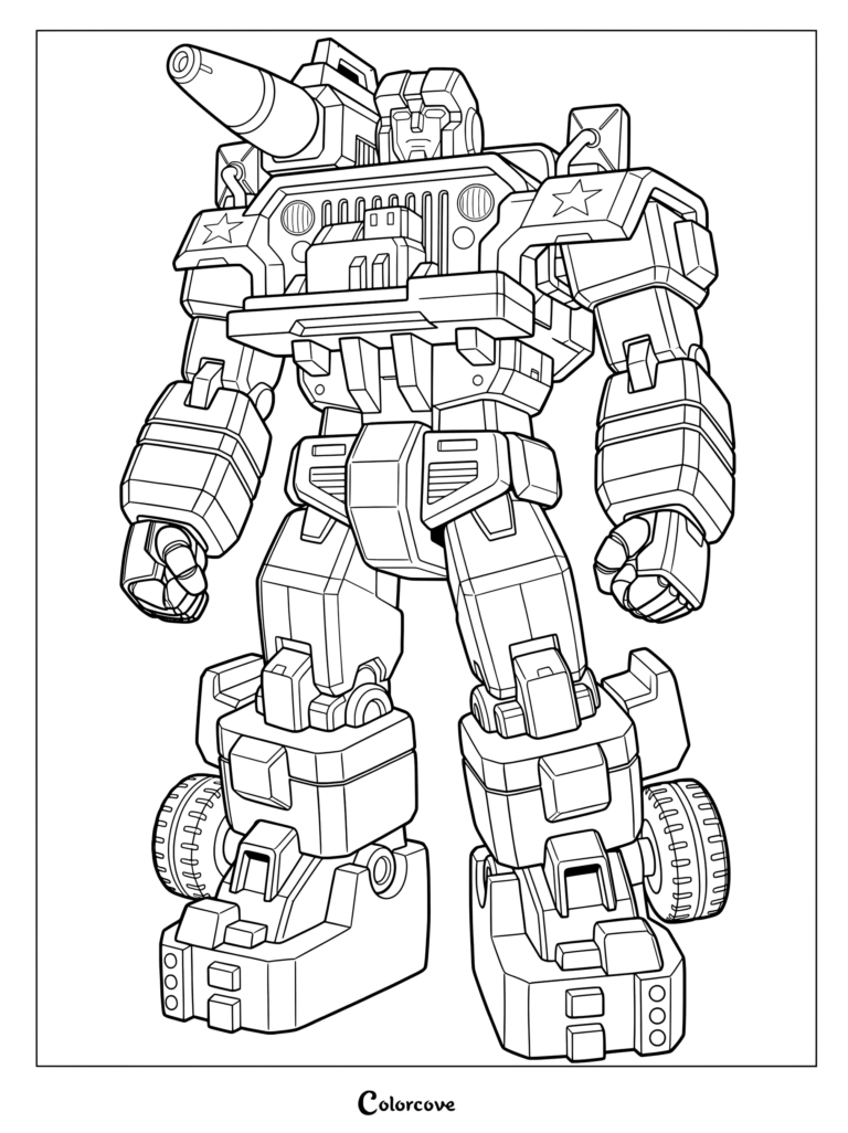 Page de coloriage au trait du personnage Hound de Transformers Génération 1