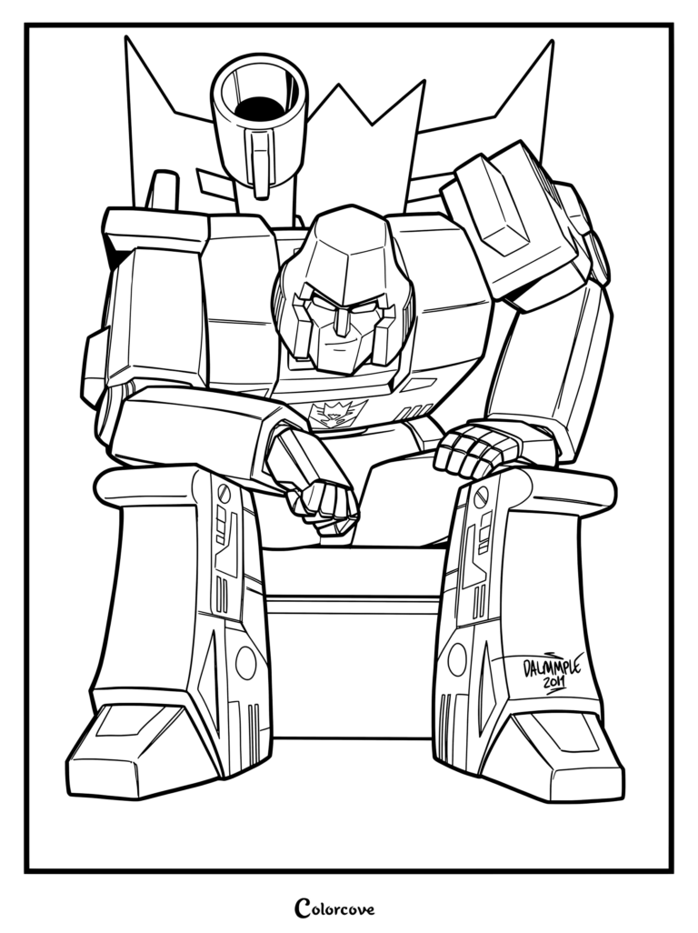 Page de coloriage du personnage Megatron de Transformers assis sur un trône dans son design Génération 1