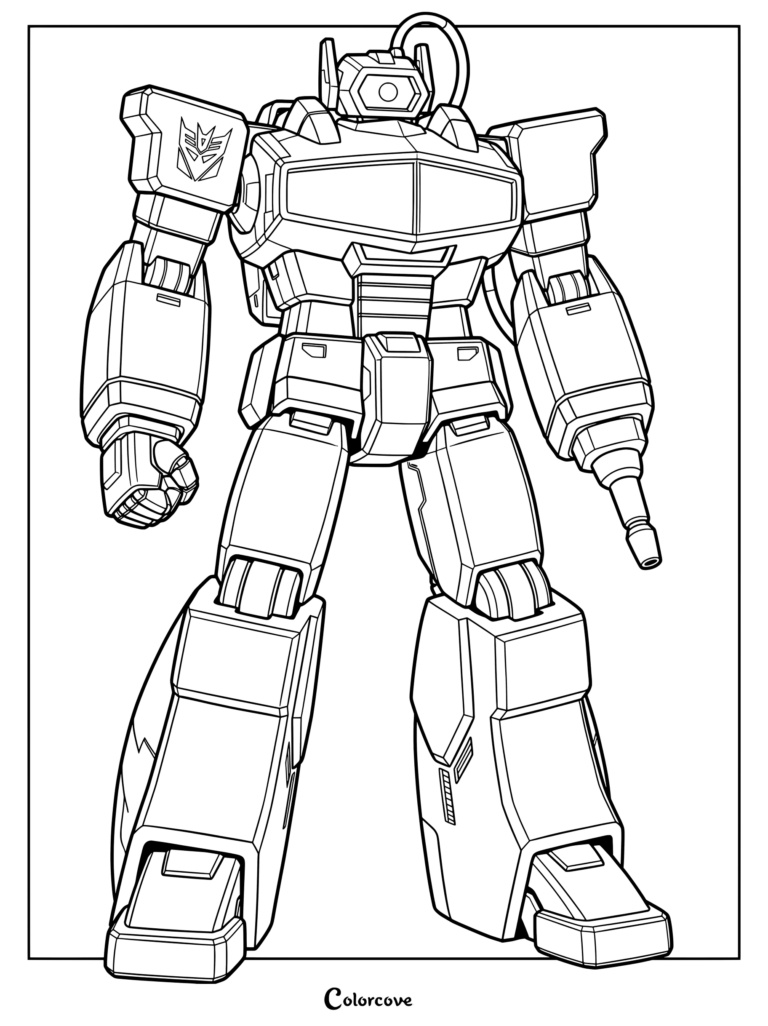Page de coloriage de Shockwave, célèbre Decepticon de la franchise Transformers, issu du dessin animé et des bandes dessinées d'origine Génération 1
