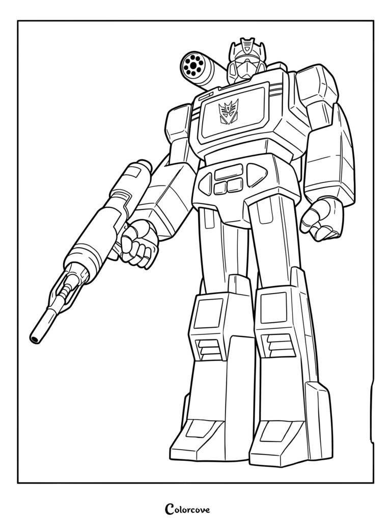 Soundwave, l'officier des communications des Decepticons de la série originale Transformers G1, tenant un blaster dans ce coloriage gratuit à imprimer