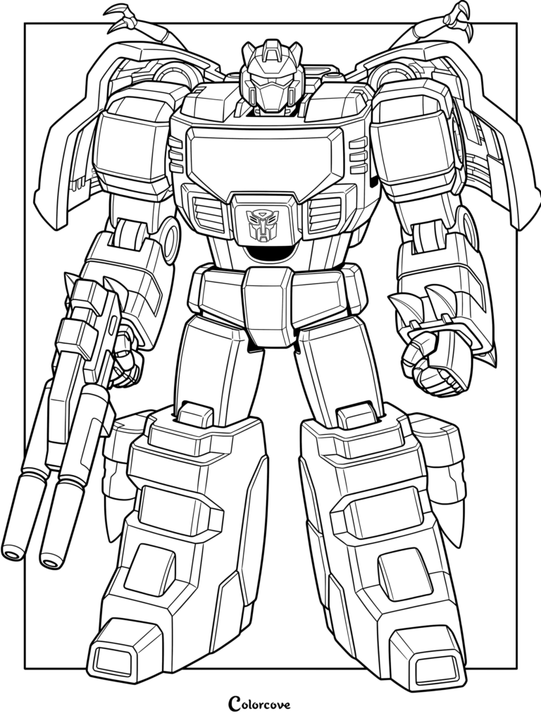Coloriage de Grimlock Génération 1 mettant en scène le robot debout avec un blaster à double canon.