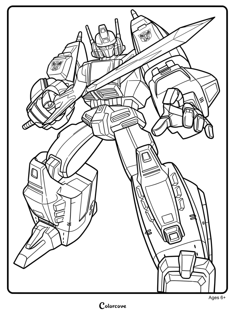 Page de coloriage de Star Saber, le commandant suprême des Autobots de la série Transformers Victory