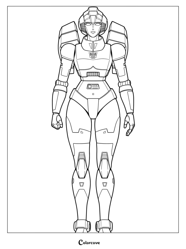 Page de coloriage à imprimer de la célèbre guerrière Autobot rose et blanche Arcee de la série animée originale Transformers Génération 1, prenant une pose classique.