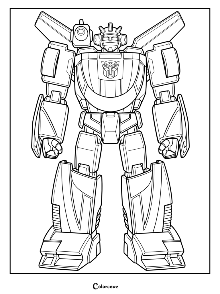 Coloriage détaillé de Wheeljack G1 de Transformers debout en mode robot avec son canon d'épaule