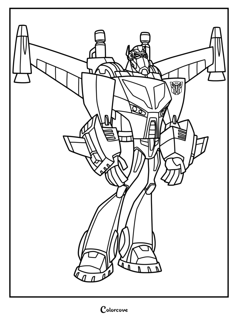 Page de coloriage au trait détaillée de Wingblade Optimus Prime debout fièrement avec de grandes ailes de jet fixées dans le dos