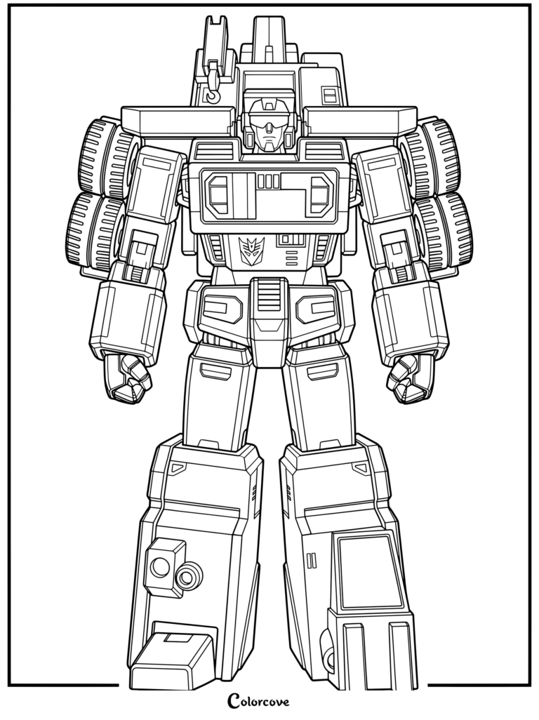 Coloriage de Hook G1 de Transformers mettant en scène le Constructicon Decepticon en mode robot avec une grue sur le dos