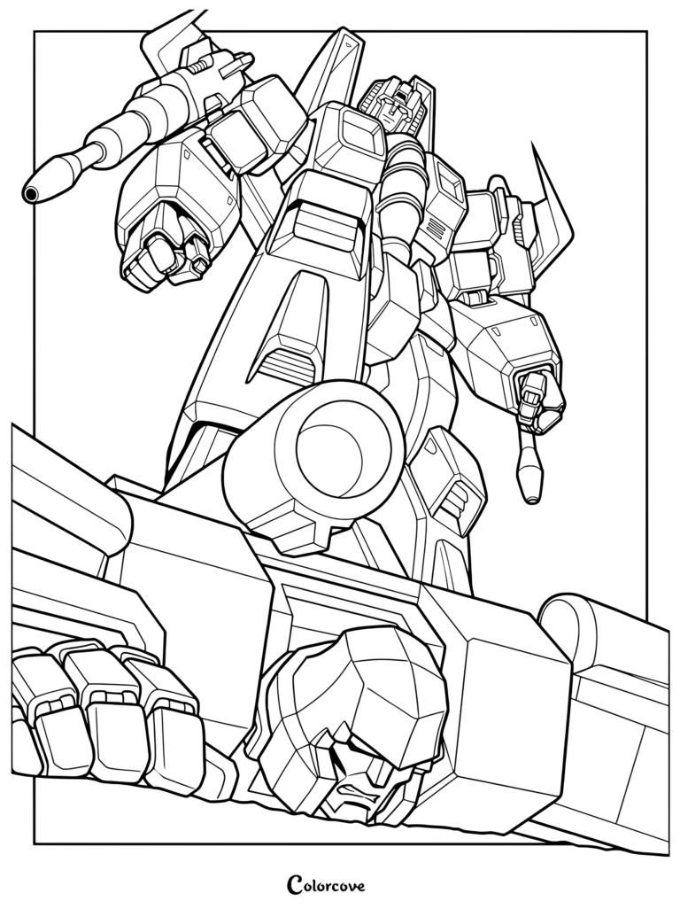 Page de coloriage Transformers mettant en scène le personnage de Starscream debout victorieux au-dessus d'un Megatron vaincu