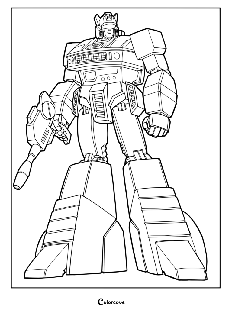 Page de coloriage aux contours détaillés de Jazz (G1) de Transformers, debout fermement avec une arme blaster