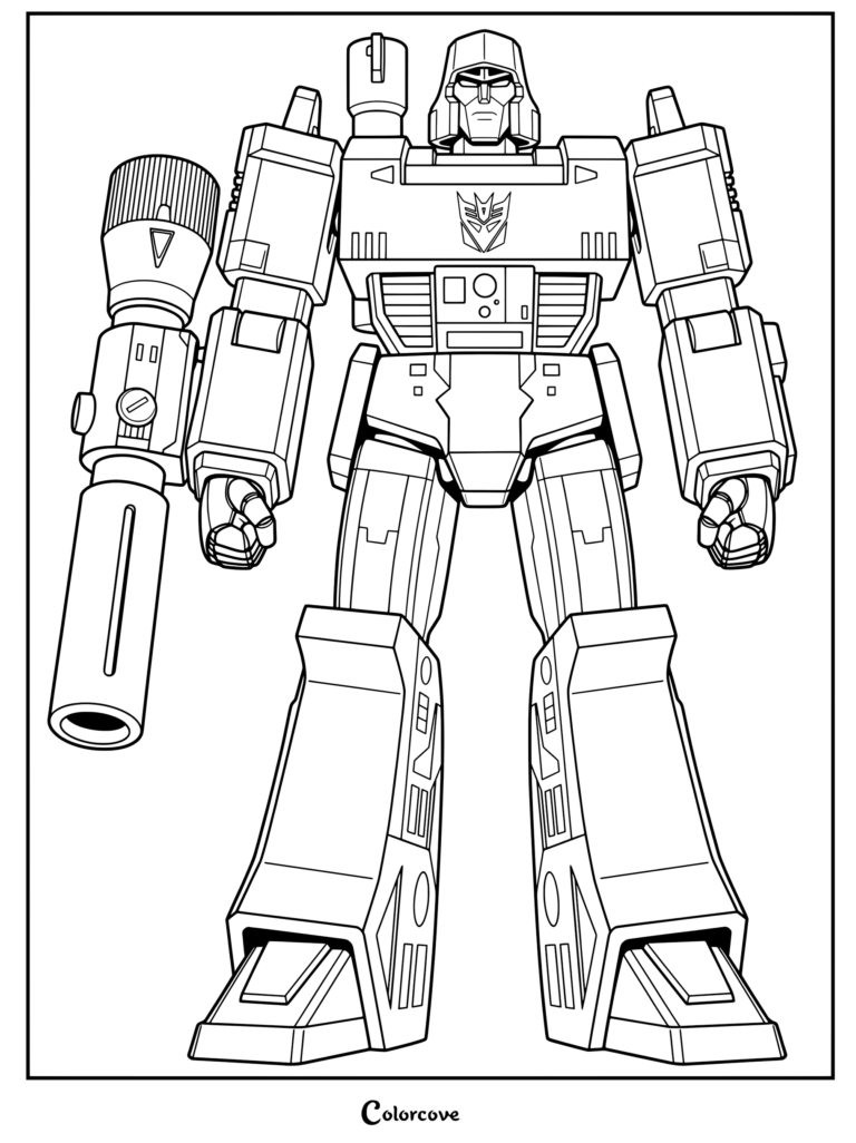 Coloriage de Megatron Génération 1 montrant le chef Decepticon debout avec son canon à fusion.
