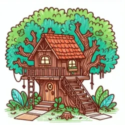 Coloring page of a whimsical treehouse nestled in lush green leaves, complete with a wooden ladder and red-roofed balcony.