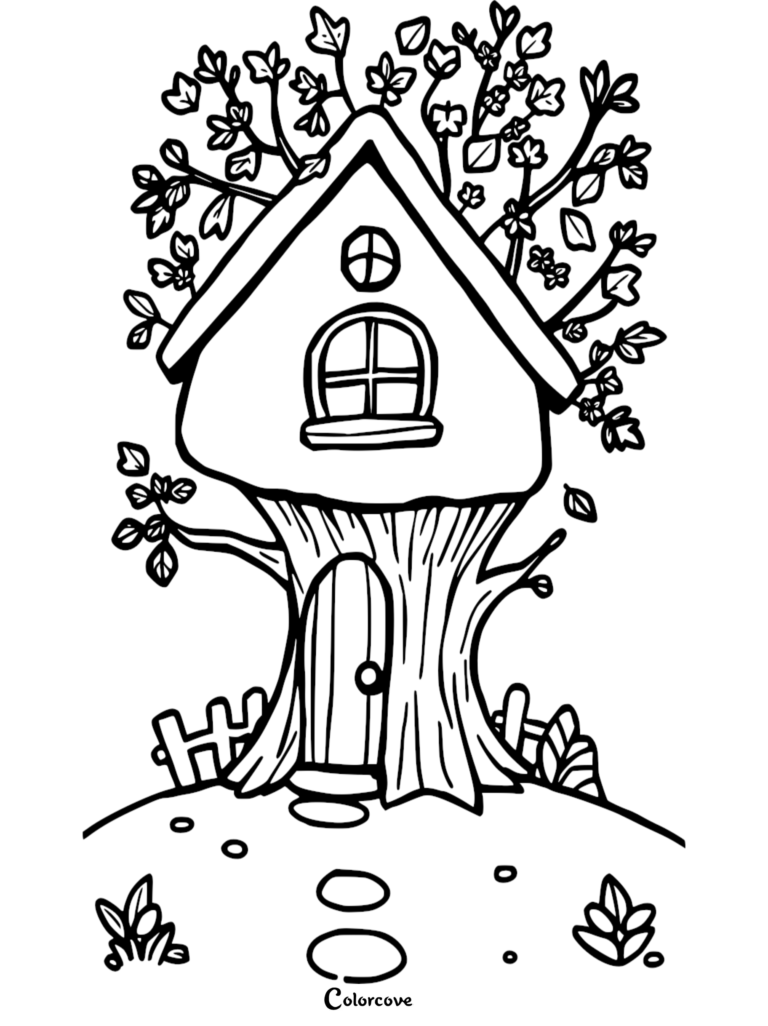 A whimsical treehouse coloring page featuring a small wooden house built into a tree trunk with a picket fence and stone path.