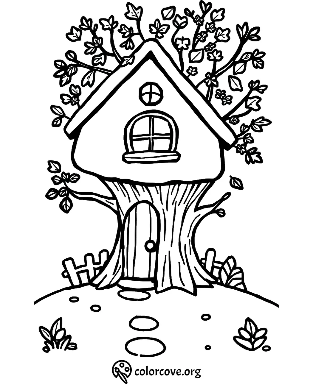 Whimsical treehouse coloring page with detailed leaves and wooden door for kids and adults to enjoy coloring.