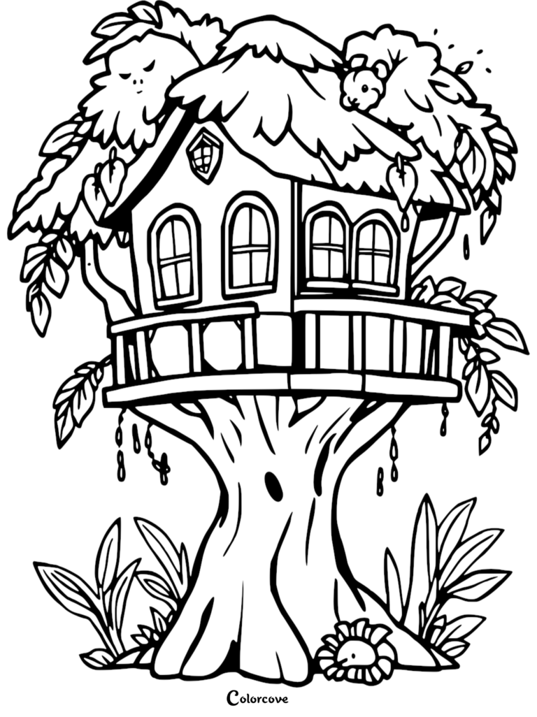 A whimsical treehouse coloring page featuring a cabin with arched windows, a balcony, and small animals hiding in the leafy canopy and at the base of the tree trunk.