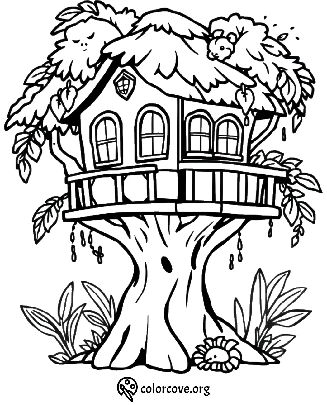 Treehouse coloring page with leafy branches, playful animals, and flowers. Perfect for kids' creative enjoyment.