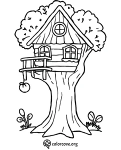 Treehouse coloring page with rustic design, circular windows, balcony, and hanging rope swing. Perfect for kids' creativity.