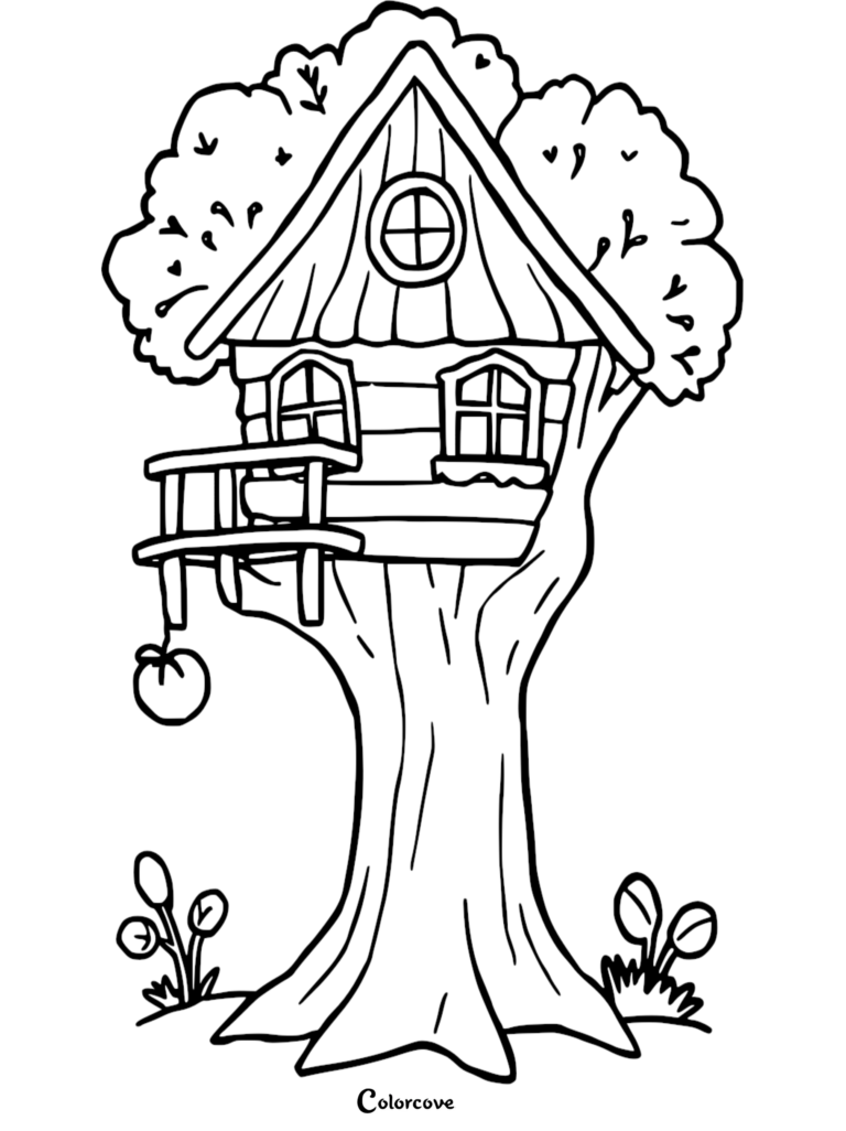 A whimsical treehouse with a balcony and hanging apple, featured in a simple line art coloring page.
