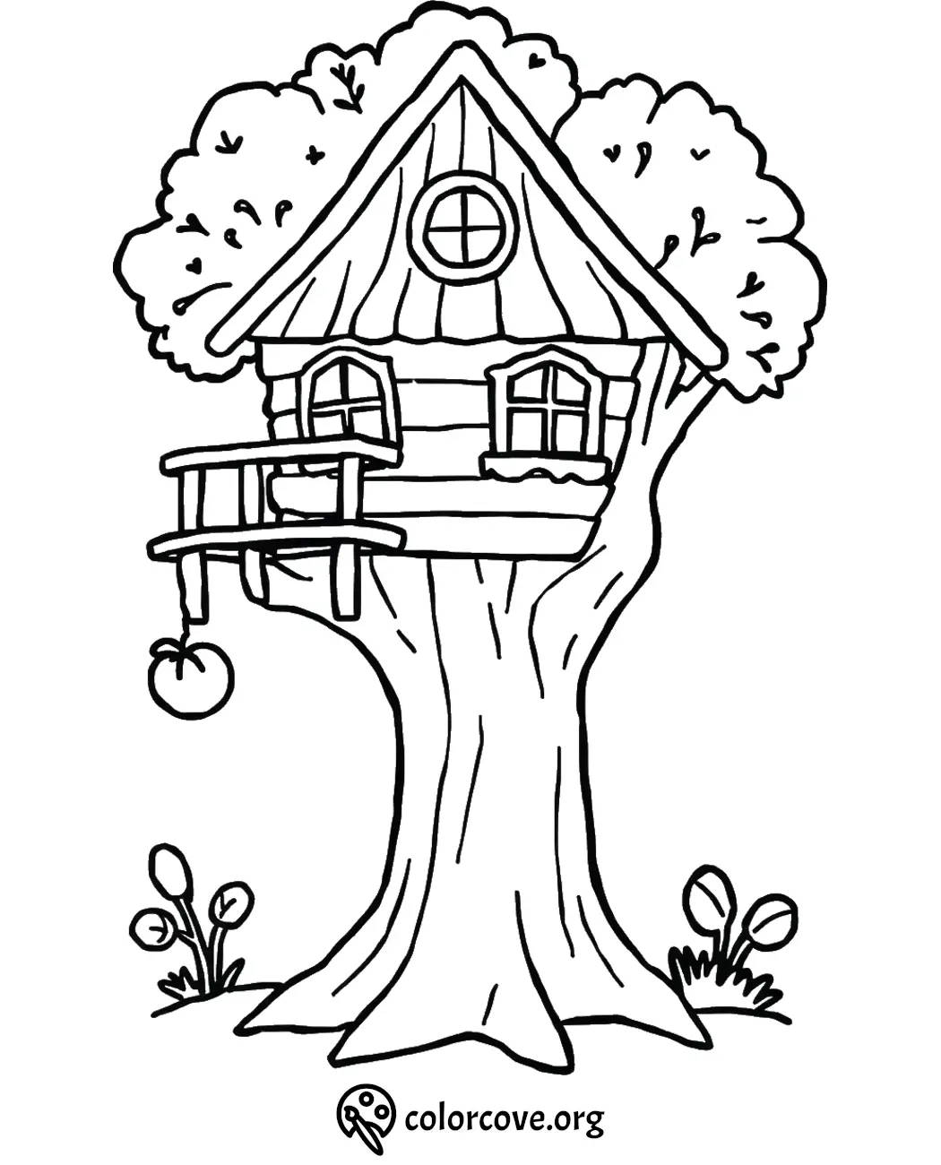 Treehouse coloring page with rustic design, circular windows, balcony, and hanging rope swing. Perfect for kids' creativity.