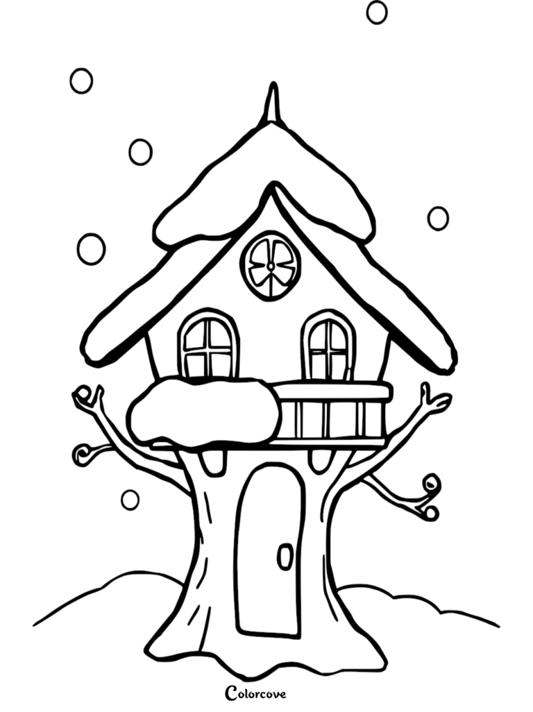 A whimsical treehouse with a snowy roof and balcony in a winter forest coloring page.