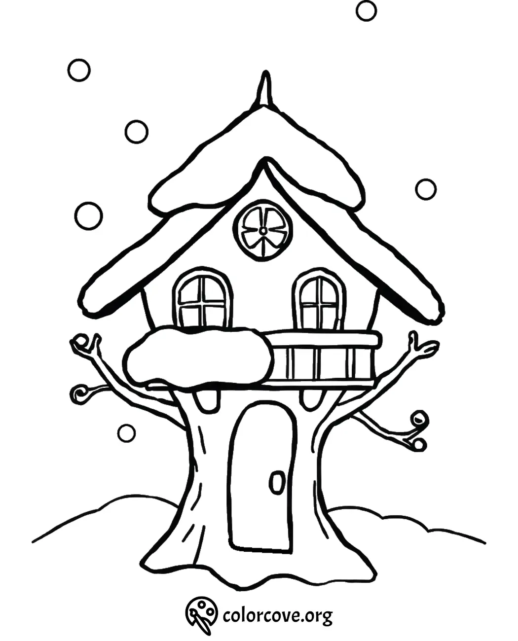 Winter treehouse coloring page with snow, perfect for kids' creative activities and festive fun.