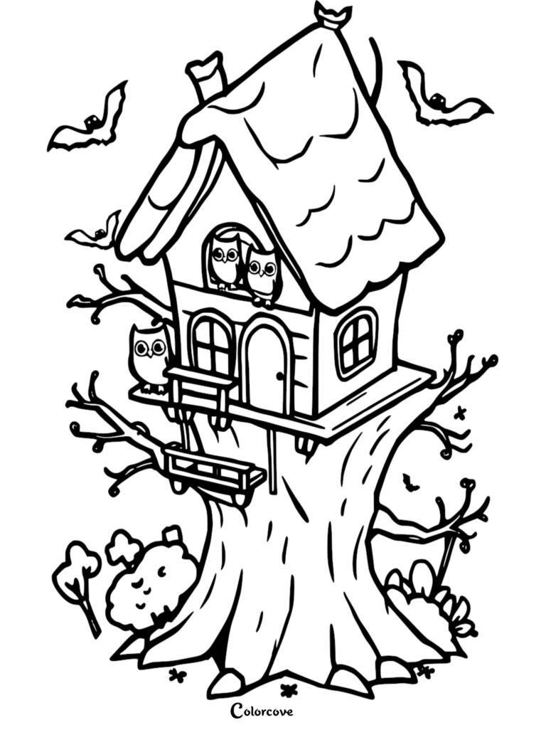 A spooky Halloween treehouse coloring page featuring three owls perched on a wooden structure with bats flying in the night sky.