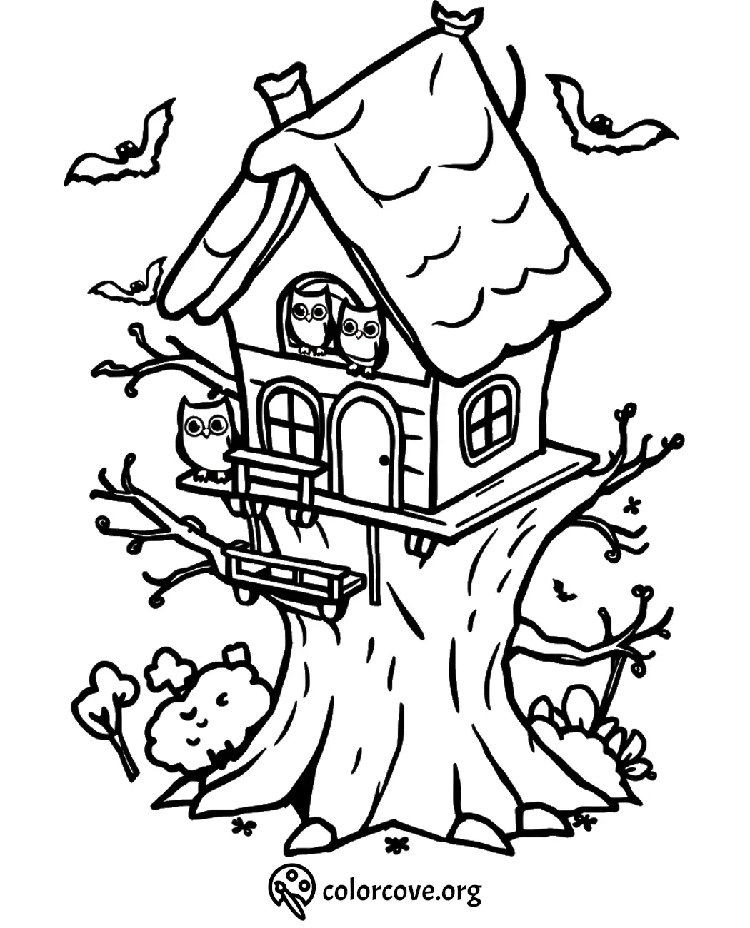 Treehouse coloring page with owls and bats for kids' fun and creativity. Printable nature-themed activity by colorcove.org.