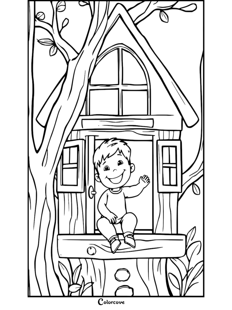 A happy young boy sitting on the ledge of a wooden treehouse waving his hand, detailed line art coloring page.