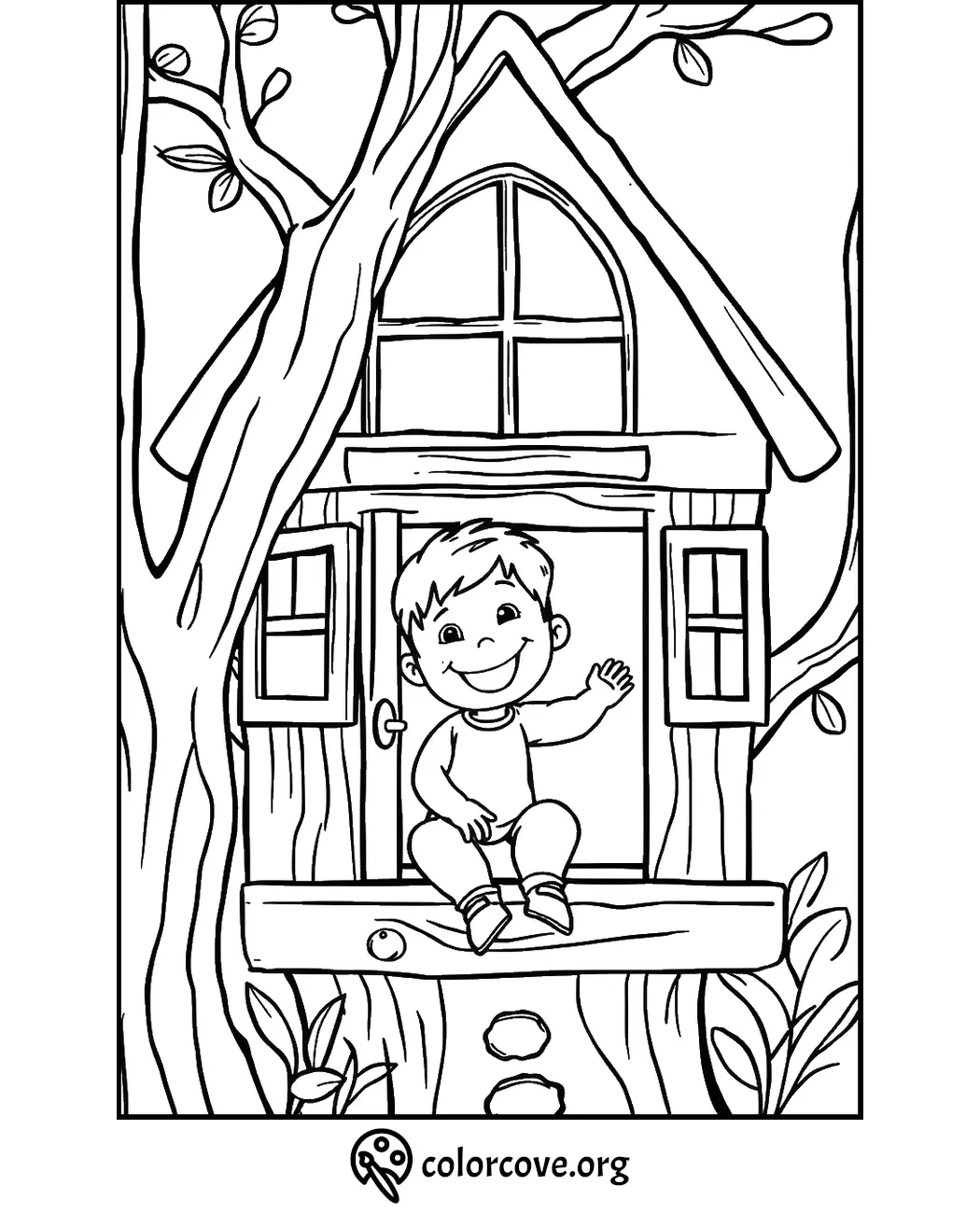 Child sitting on a treehouse porch coloring page with open windows and surrounding branches.