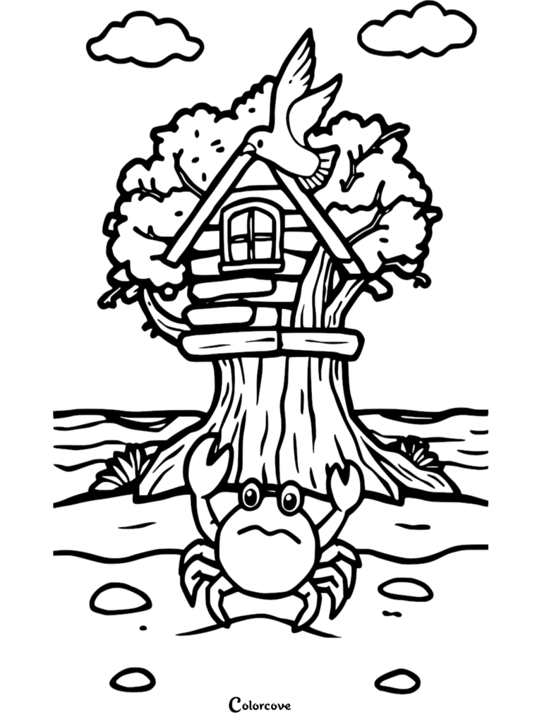 A printable coloring page featuring a small wooden treehouse nestled in a tree on a sandy beach with a crab in the foreground and a bird perched on the roof.