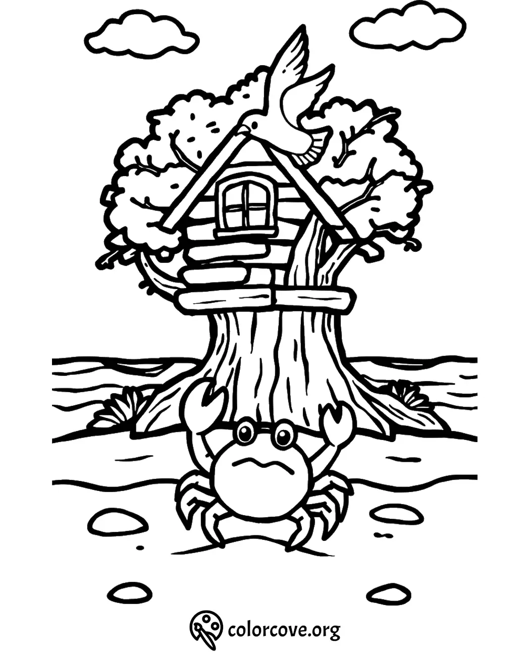 Crab and seagull by a treehouse coloring page for kids to color and enjoy creative fun with nature-themed activities.