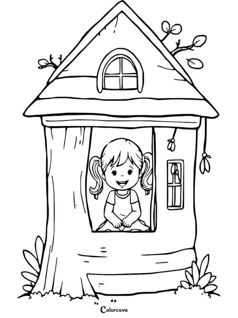 A happy girl with pigtails sitting in the window of a wooden treehouse coloring page.