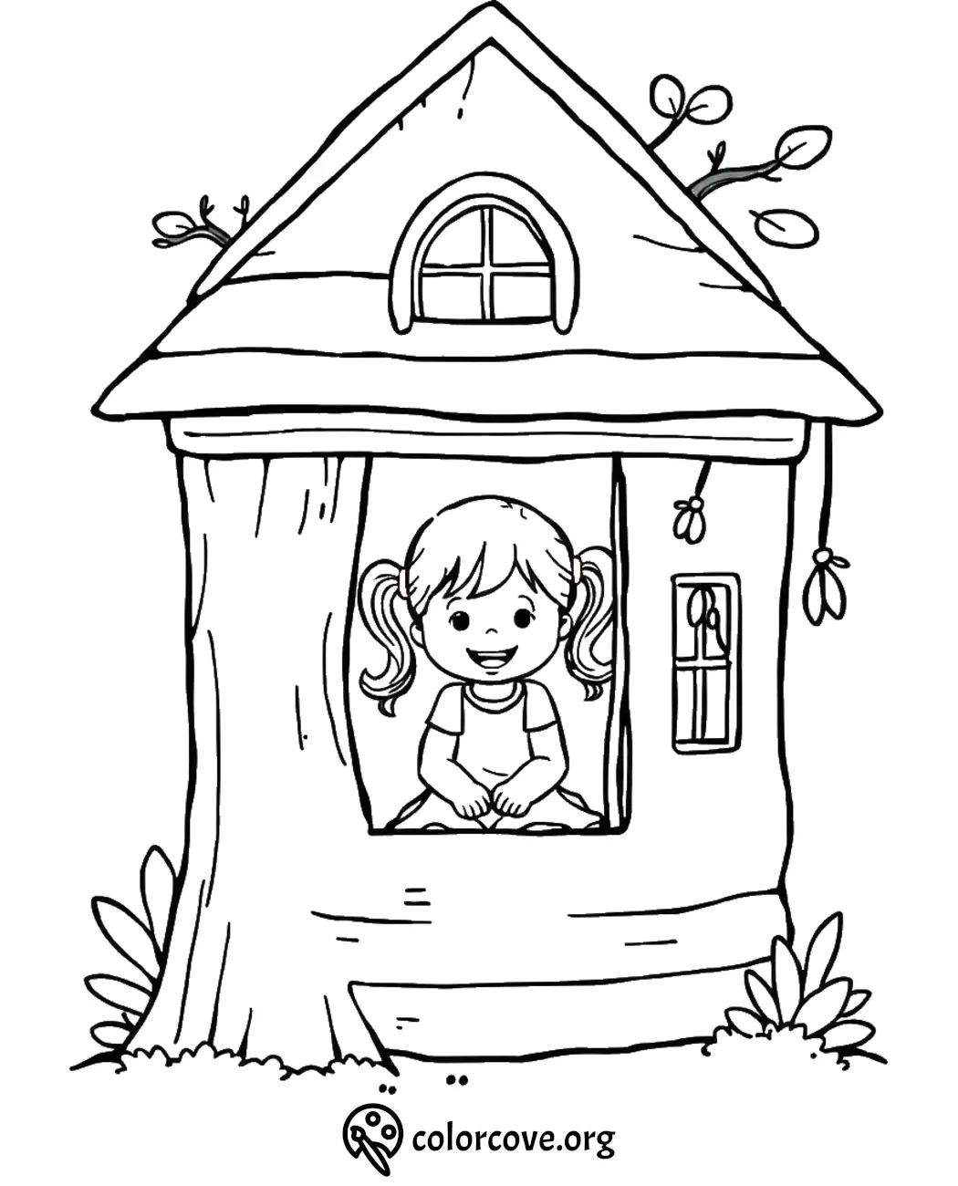 Little girl in treehouse coloring page with plants; perfect for kids' creative activities and art projects.