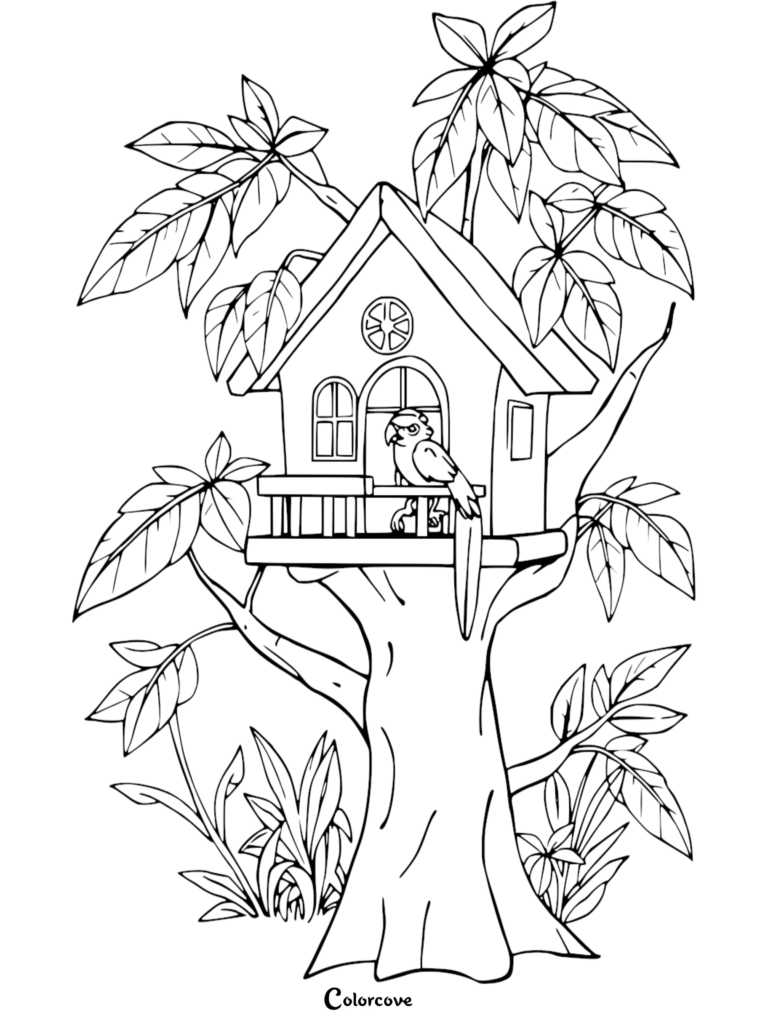 A detailed coloring page featuring a parrot perched on the balcony of a small wooden treehouse nestled among leafy branches.