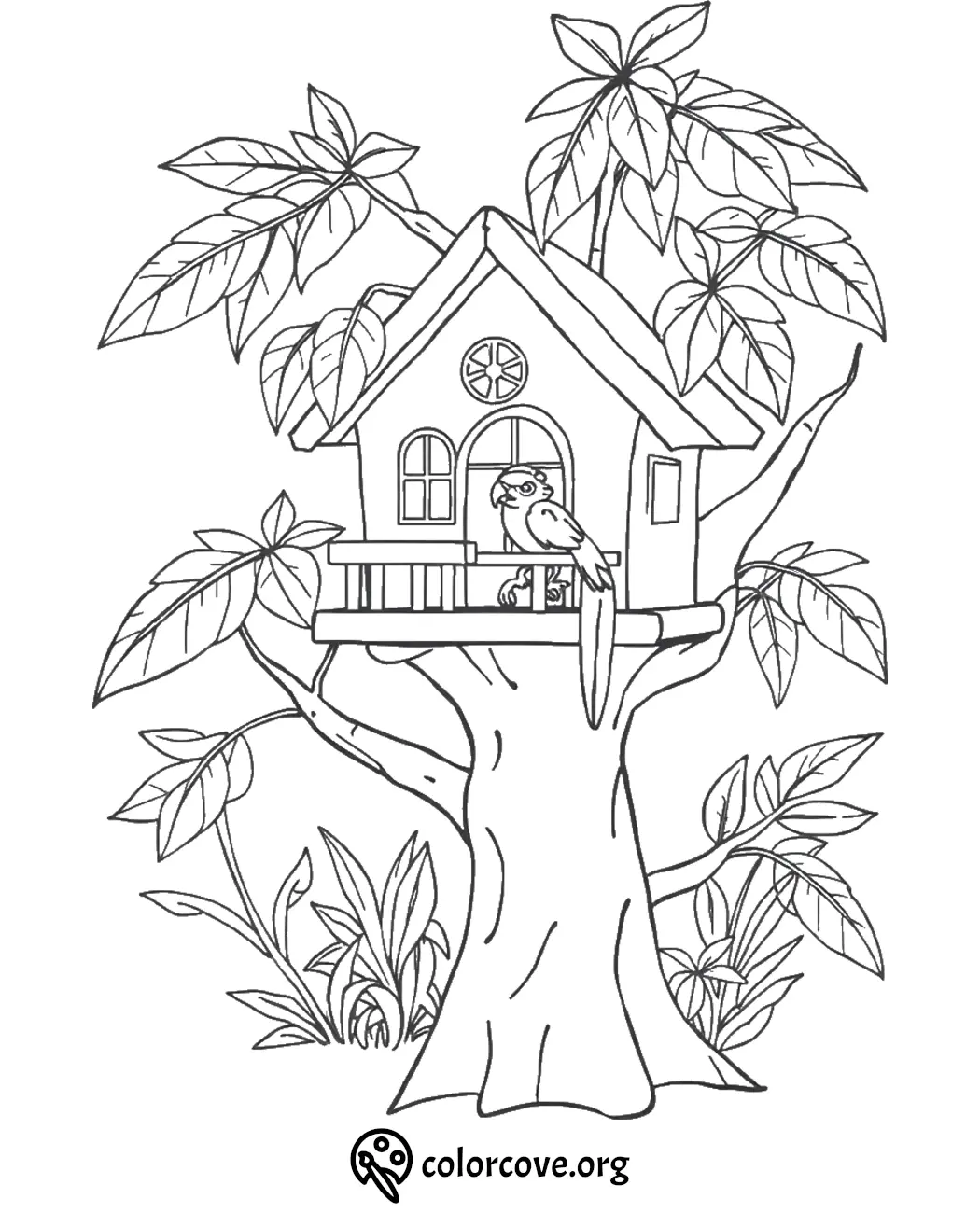 Treehouse coloring page with a bird on the porch, surrounded by leafy branches.