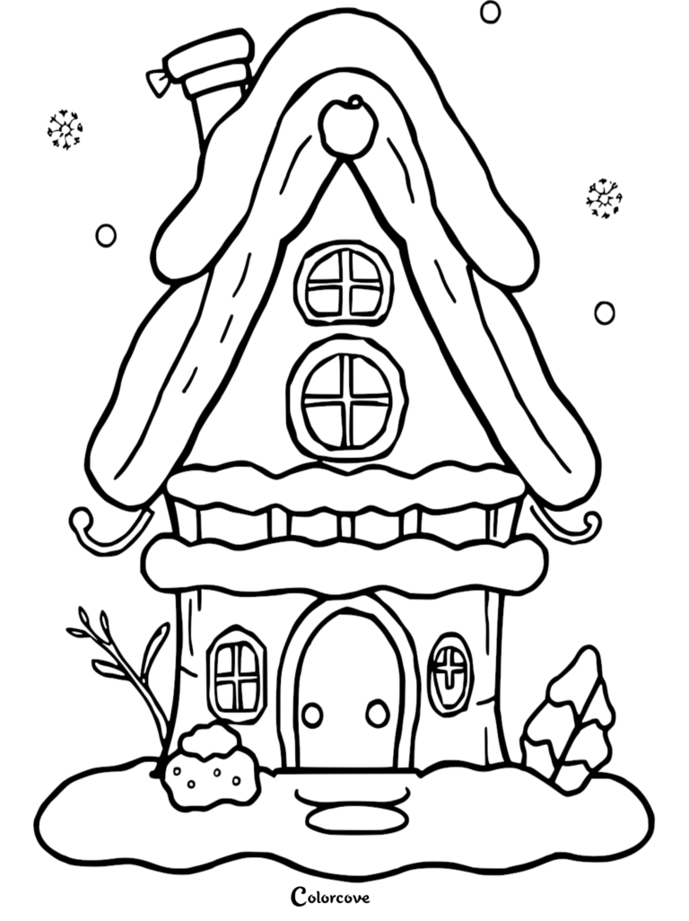 A cozy gingerbread-style treehouse with snow-covered roof, chimney, and round windows in this winter-themed coloring page.