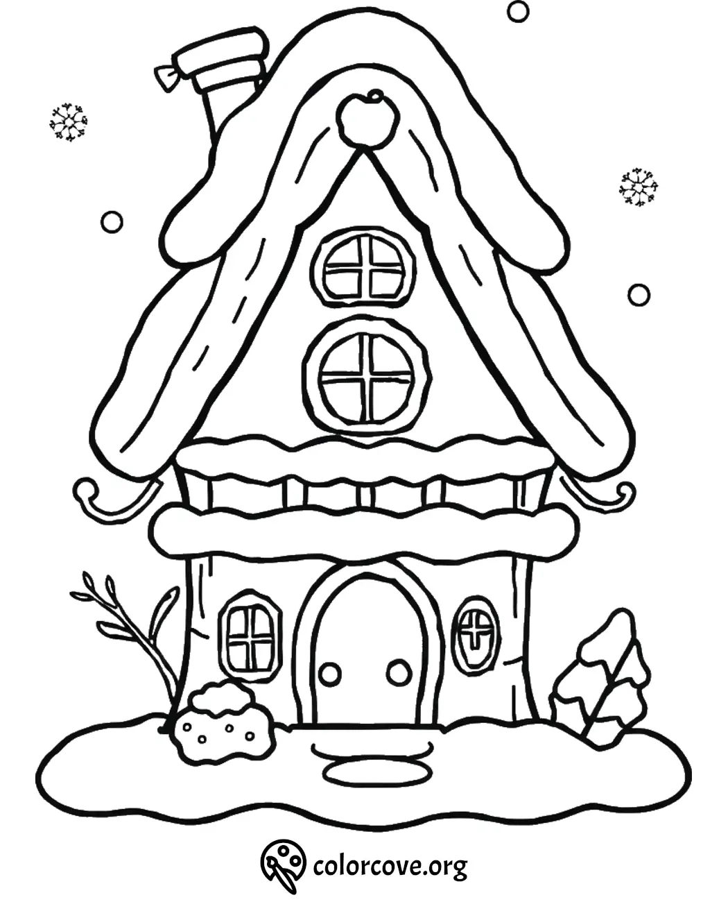 Cozy winter cottage coloring page with snow-covered roof and circular windows. Perfect for holiday coloring fun.