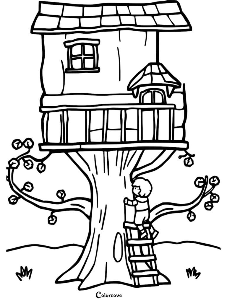 A child climbing a wooden ladder to reach a cozy treehouse with a balcony, printable coloring page.