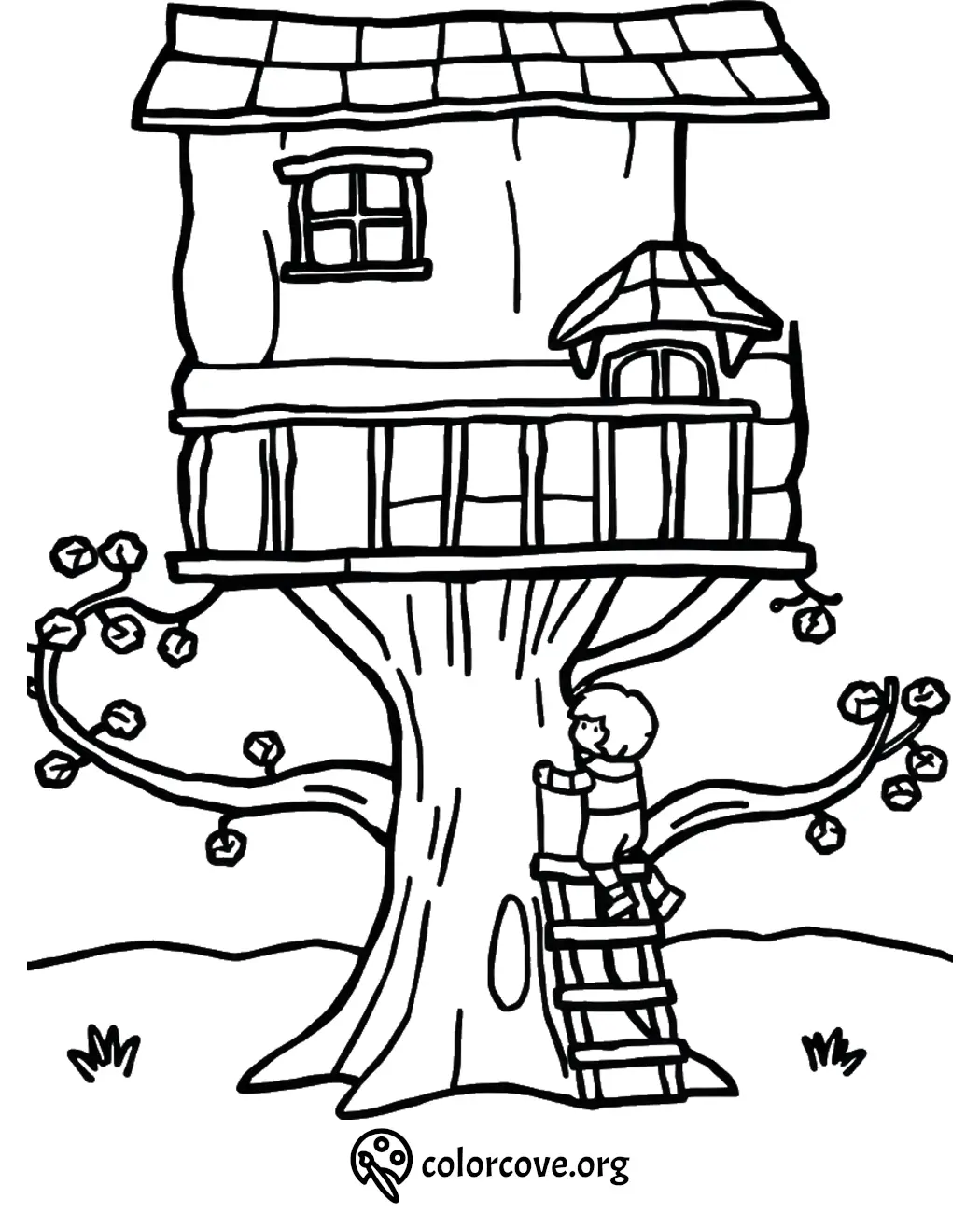 Treehouse coloring page with a child climbing a ladder on a branch. Simple line art for kids.