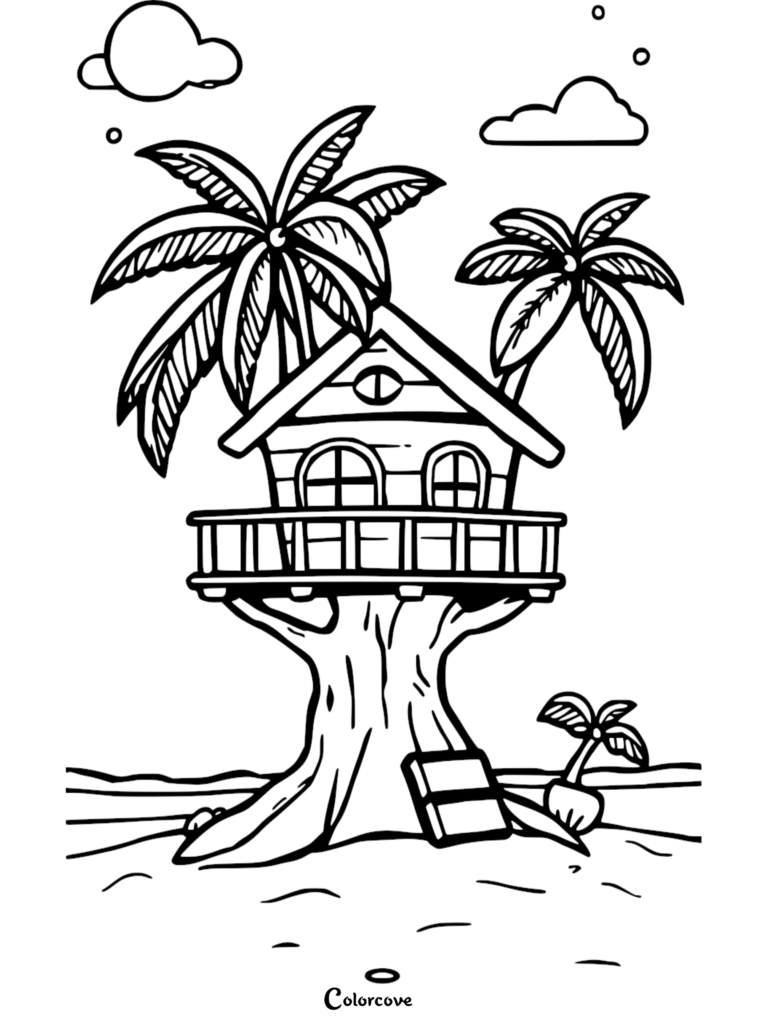 A tropical treehouse coloring page featuring a wooden cabin perched on a thick tree trunk surrounded by palm trees and a small beach setting.