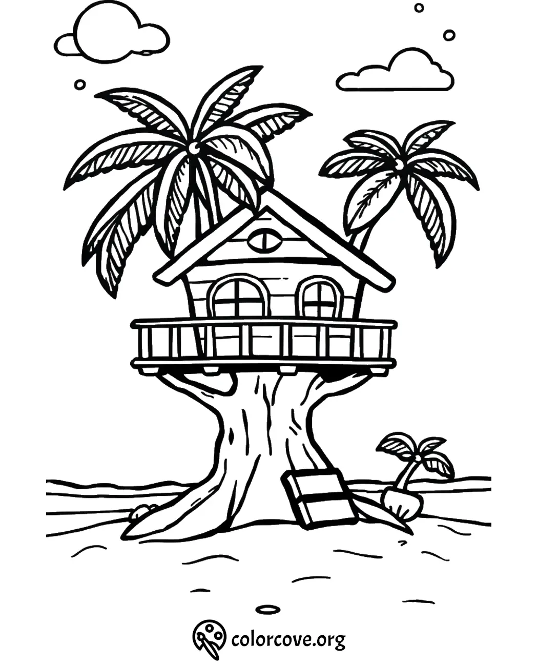 Treehouse on a palm tree with a beach view, ideal for a relaxing coloring page activity.