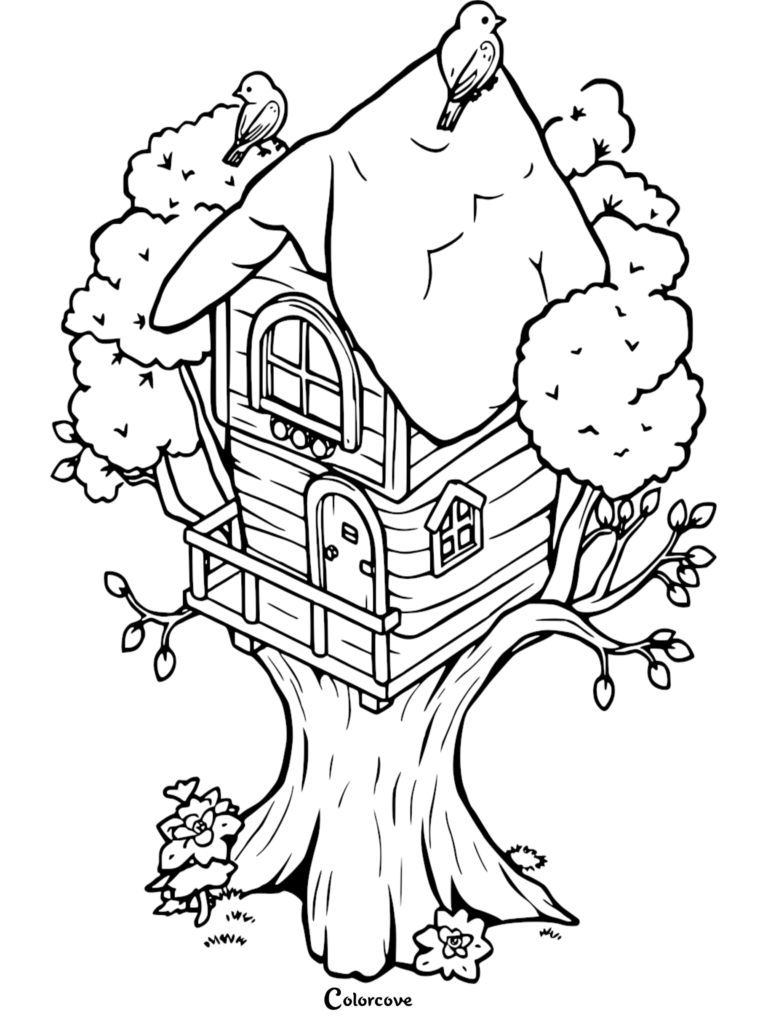 A whimsical treehouse coloring page featuring a wooden cabin nestled in branches with two birds perched on the roof.