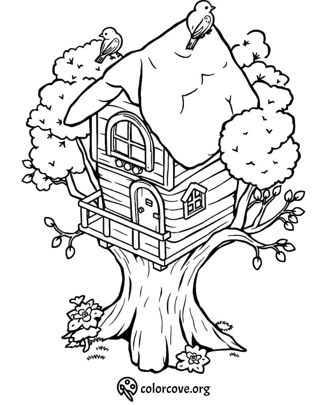 Coloring page of a whimsical treehouse with birds and flowers, ideal for creativity and relaxation.