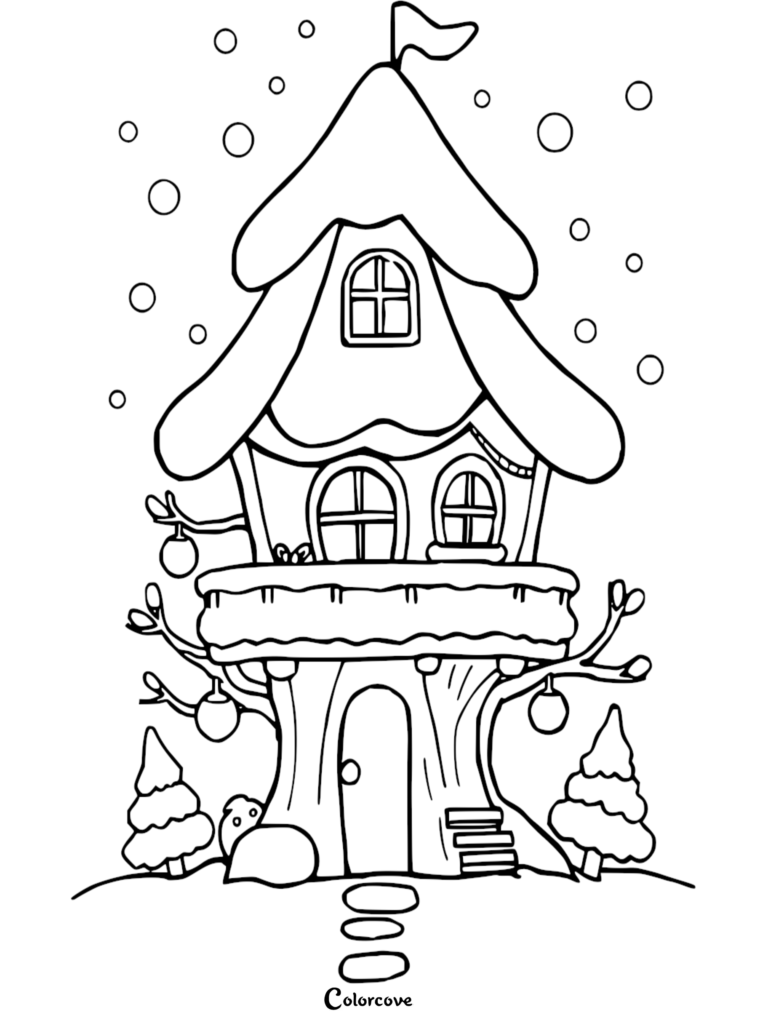 A whimsical winter treehouse coloring page featuring a snow-covered roof, arched windows, hanging ornaments, and small pine trees in a snowy landscape.