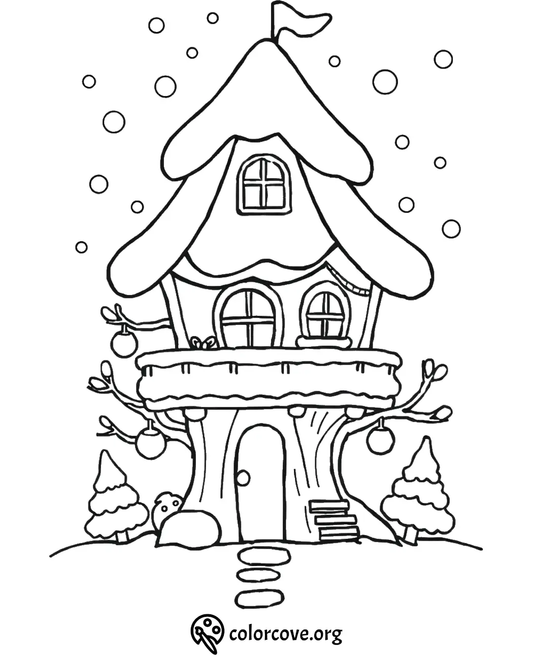 Fairy tale house coloring page with trees and snow for kids' winter fun.