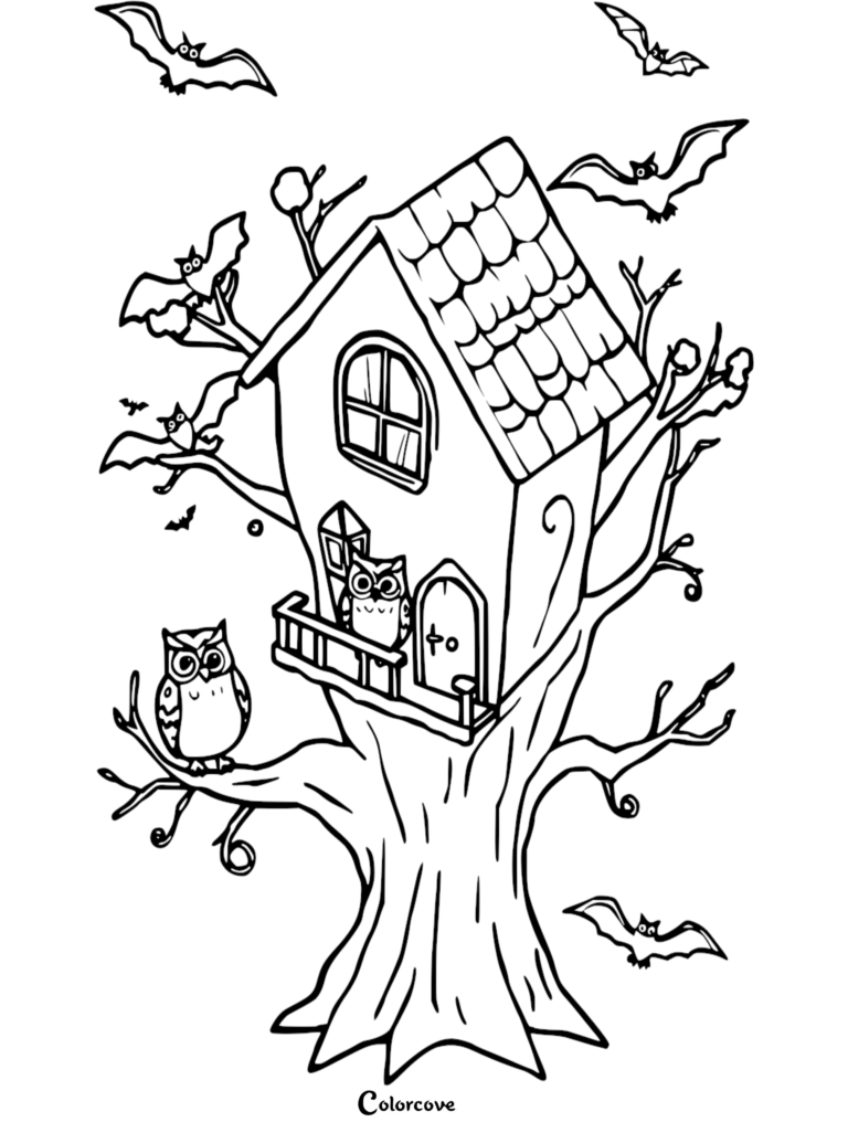 A spooky treehouse coloring page featuring owls on branches and bats flying in the night sky.