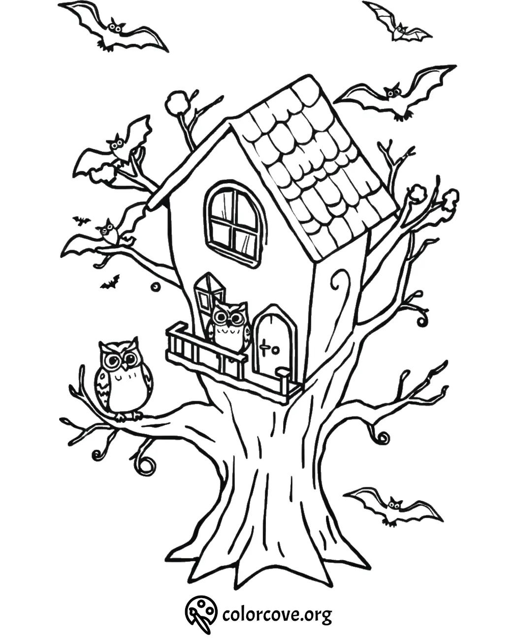 Treehouse coloring page with owls and bats. Perfect for Halloween or nature-themed activities.